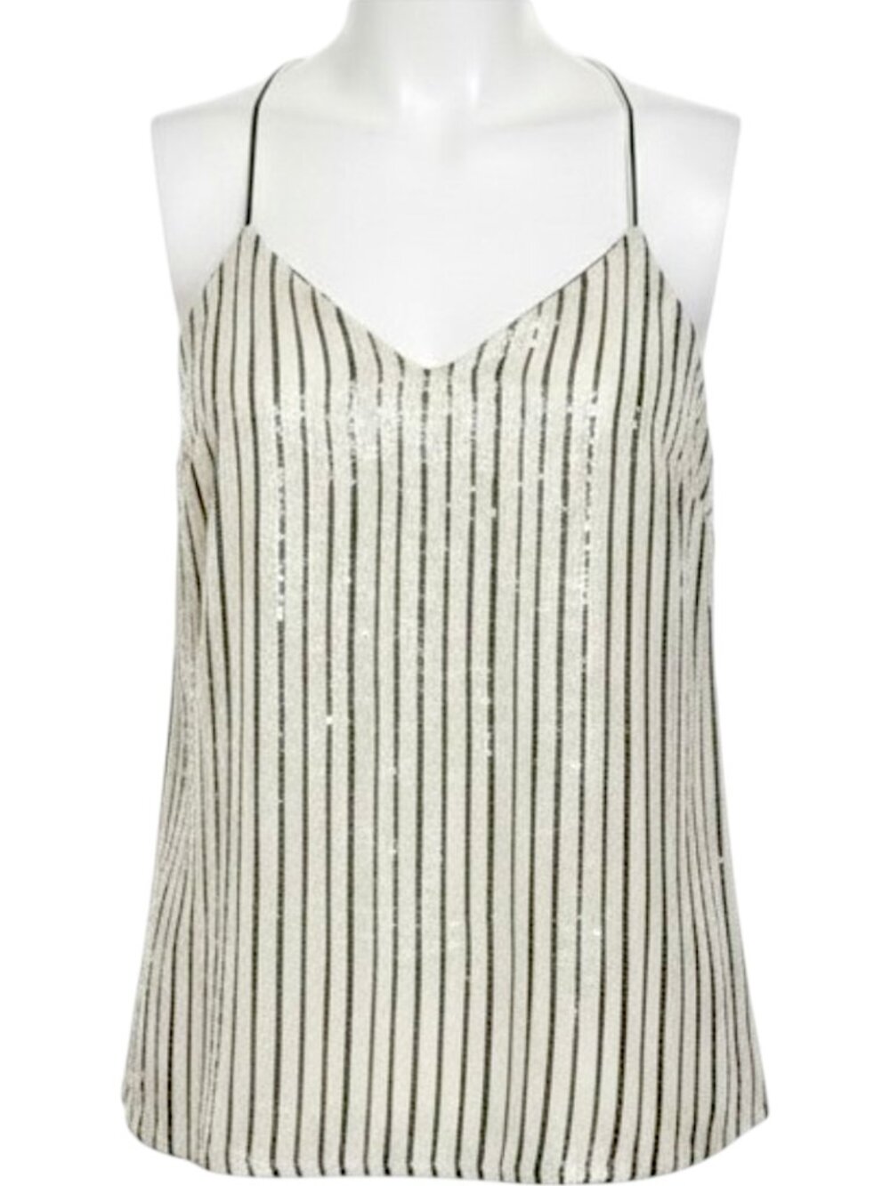 Banana Republic Sequin Cami Ivory Striped V-Neck XS